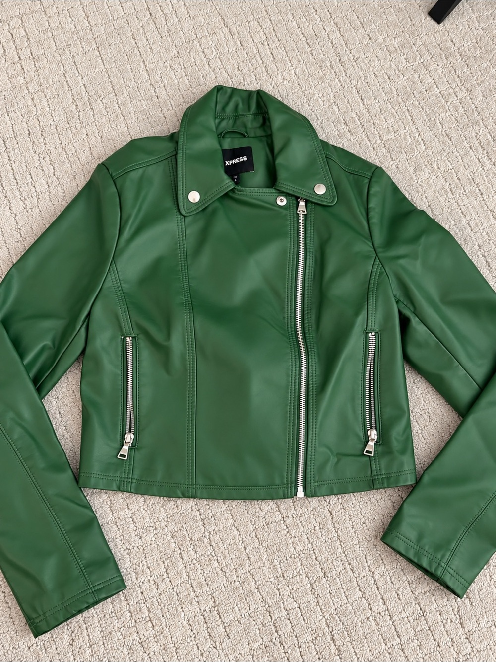 Express Green Faux Leather Moto Jacket with Silver Hardware never used